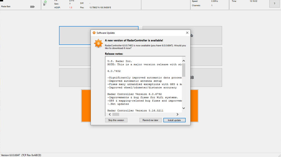 Radar Controller Software Update Window